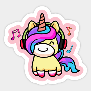 Happy smiling baby unicorn with headphones. Kawaii cartoon Sticker